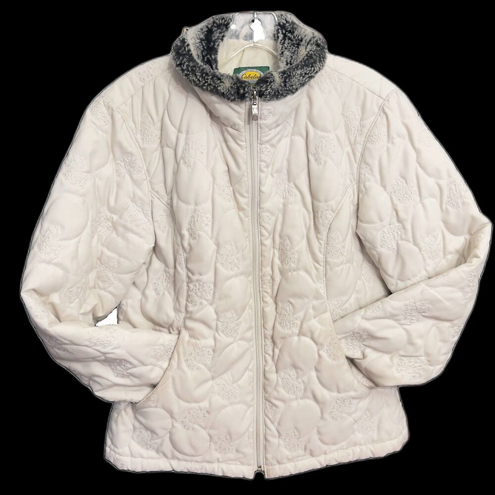 Cabela's Cream Quilted Jacket - Faux Fur Collar - Zip Pockets Closure Womens SM